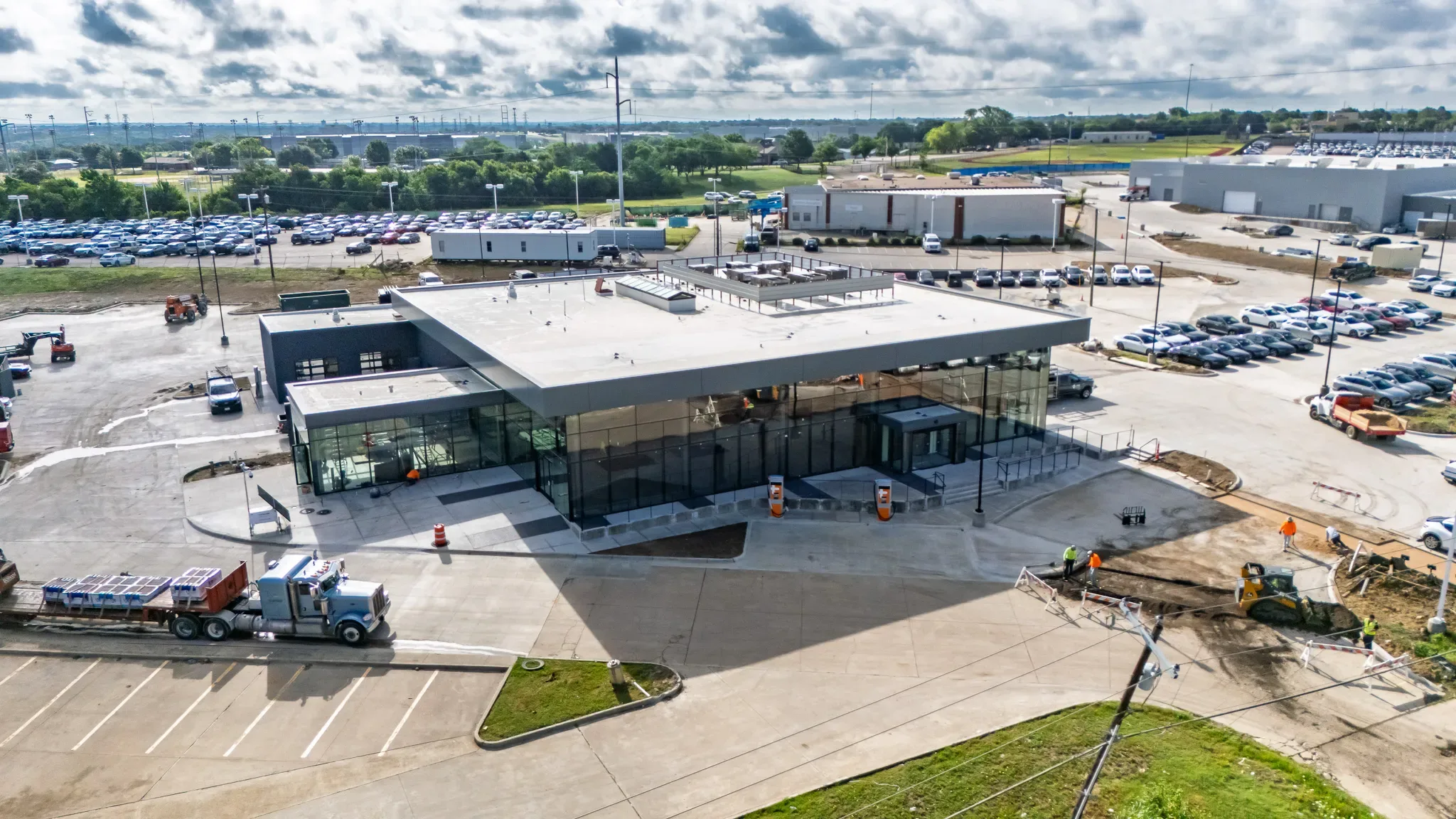 Aerial view of Clay Cooley Genesis of Mesquite under construction in Mesquite, Texas, with crews on site, built by The Charles Morgan Group