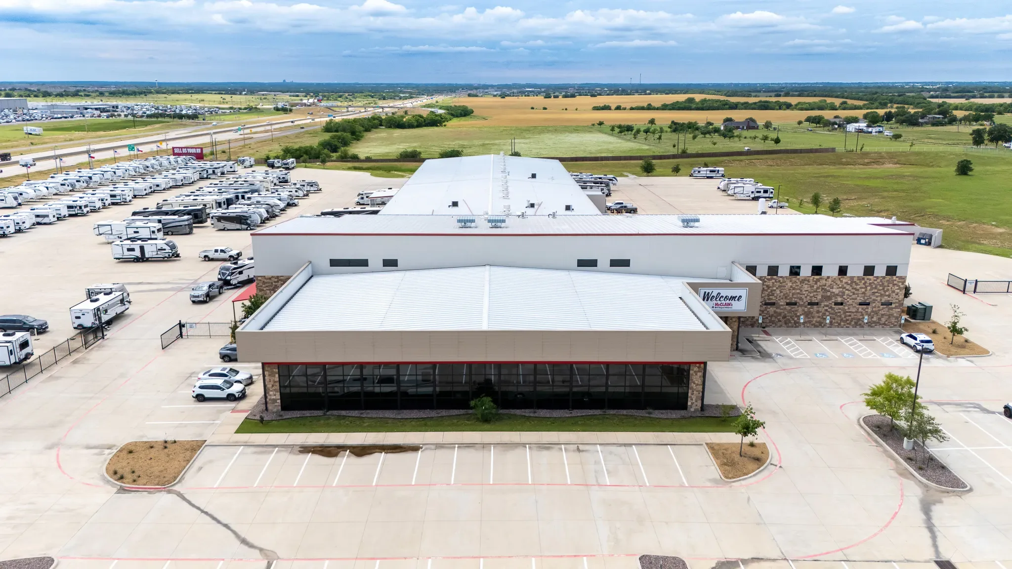 Aerial view of McClain's Longhorn RV in Sanger, Texas, built by The Charles Morgan Group