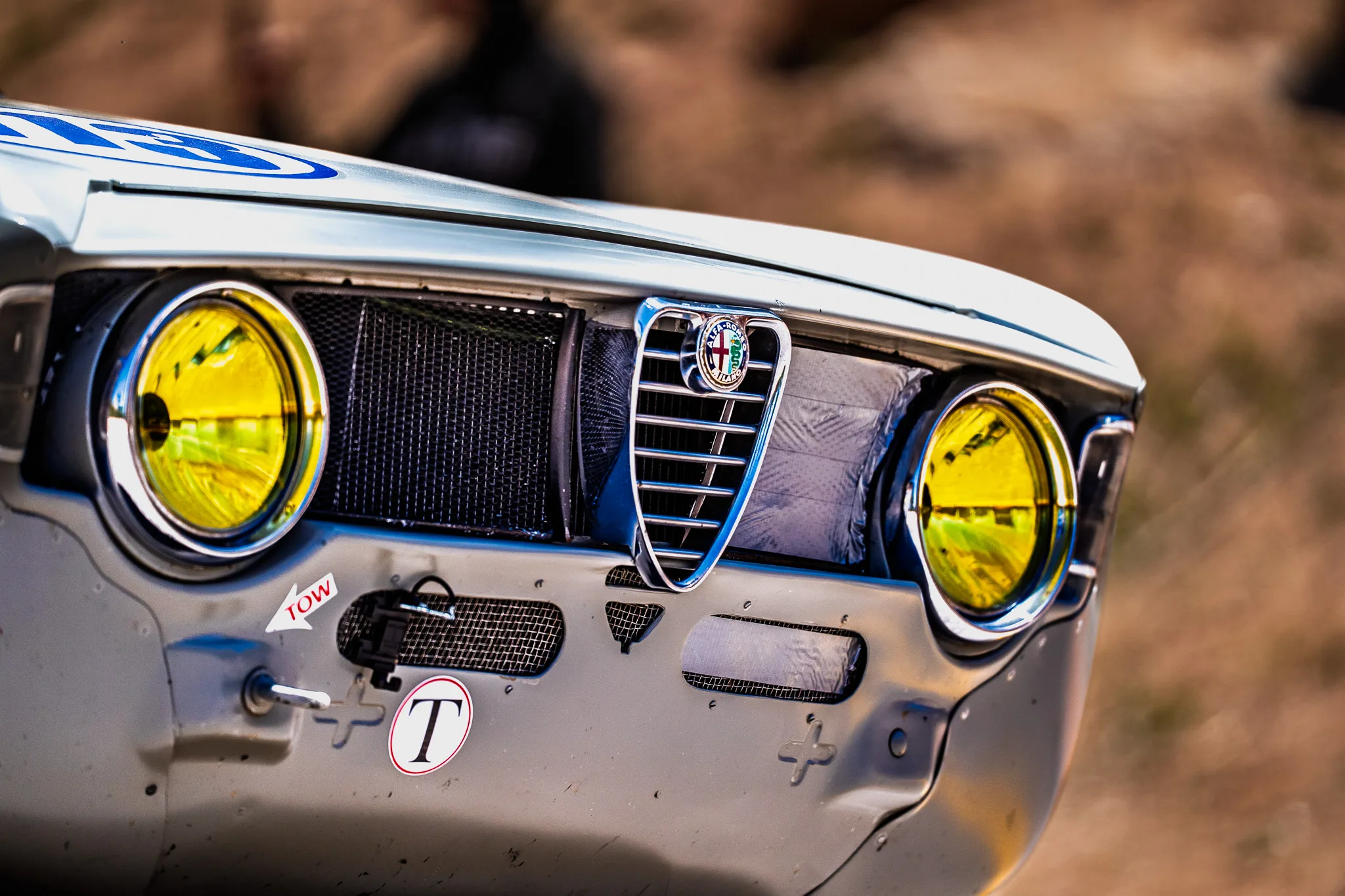 Grille and yellow headlights of Maor Primo's #113 1967 Alfa Romeo GTA-m, the first Israeli entry at the Pikes Peak International Hill Climb, 2025
